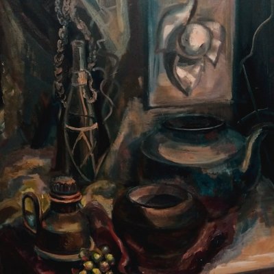STILL LIFE with grapes. Oil painting