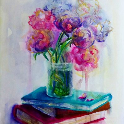 Peonies on the book