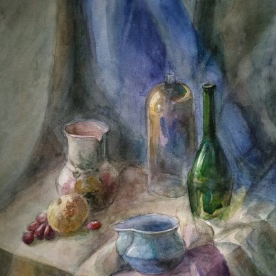 Still life watercolor in cold colors