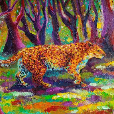 Leopard in a magical forest, vivid picture