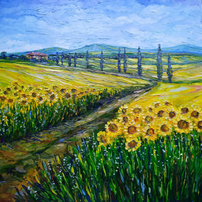 Sunflowers and cypresses