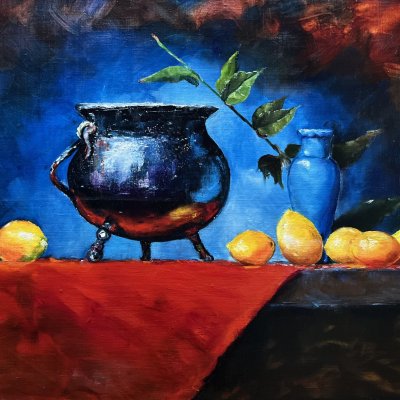 Натюрморт с голубой вазой и лимонами
