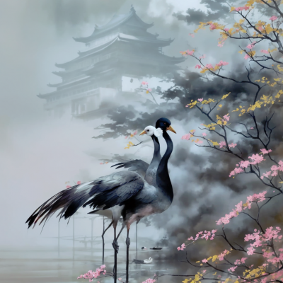Cranes with cherry blossoms