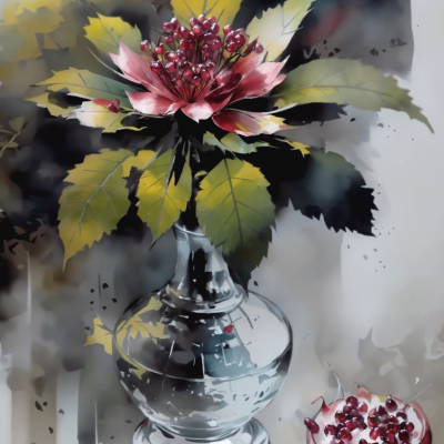 Flower in a vase and pomegranate