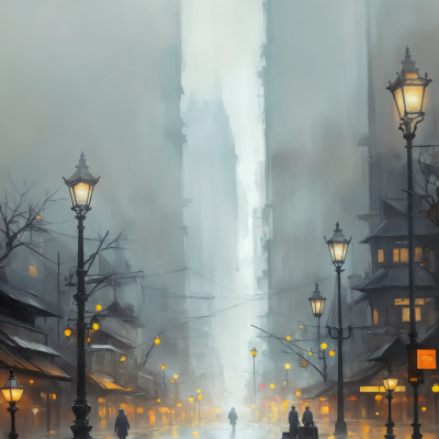Город в утреннем туманом рассвете