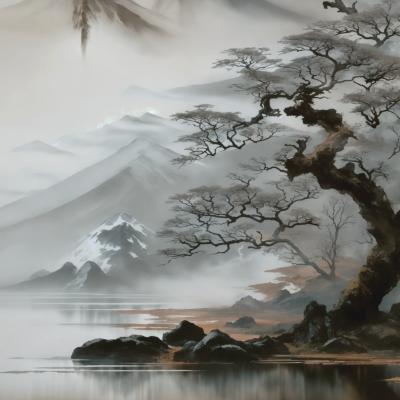 Tree, mountains, lake