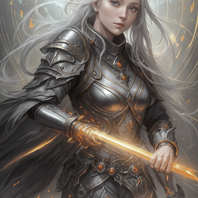 Young warrior woman in silver armor with sword