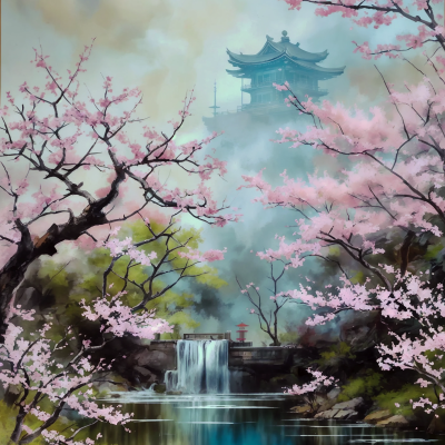 Цветущая сакура на берегу речки