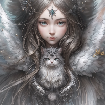 Young silver girl with gray cat