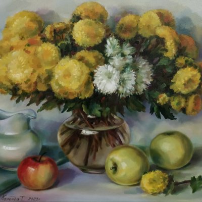 Still life with yellow chrysanthemums