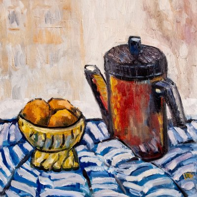Still life with a red coffee pot