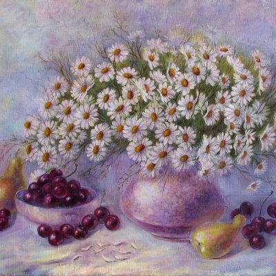 Still life with chamomile and fruit