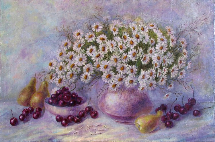 Still life with chamomile and fruit