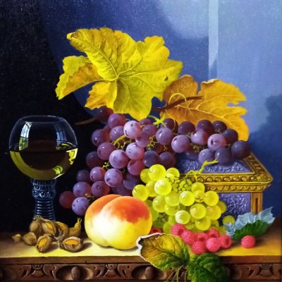Fruit and berry buffet with a glass of wine. Free copy of Edward Ladell's work