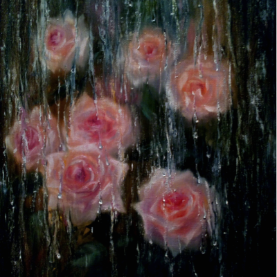 Cry roses in rainy window