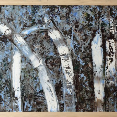 Landscape oil large painting in frame in blue colors abstract birches
