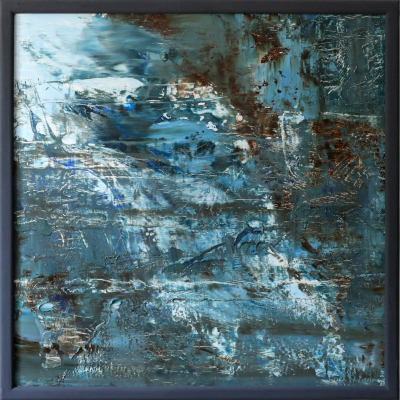 Oil painting on wood 76Х76 in blue gray tones mountain abstract waterfall buy in Minsk from a modern artist