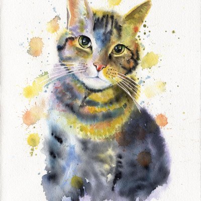 Striped cat in watercolor splashes