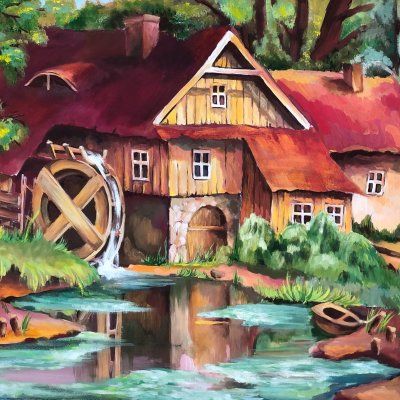 Landscape painting nature house by the water