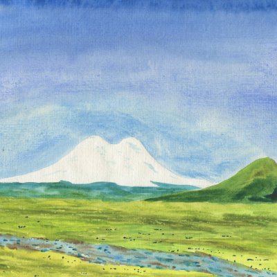 View of Elbrus from the North, from the Shawkam Pass. It's morning. It's summer.