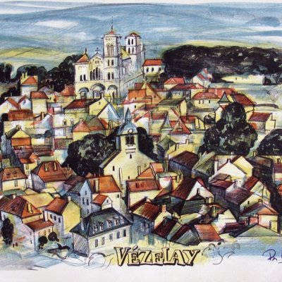 Autolithography “VEZELAY” Medieval city in France