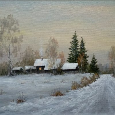 Oil painting “Winter in the village”