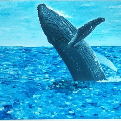 Blue whale in blue sea bathes