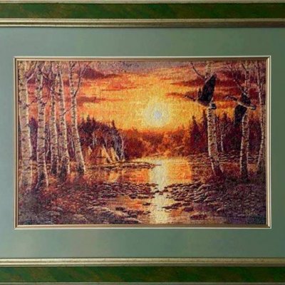 Painting “Sunset and ducks”, handmade, embroidery.