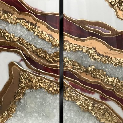 Modular paintings “Geode Garnet Stone Slice” diptych