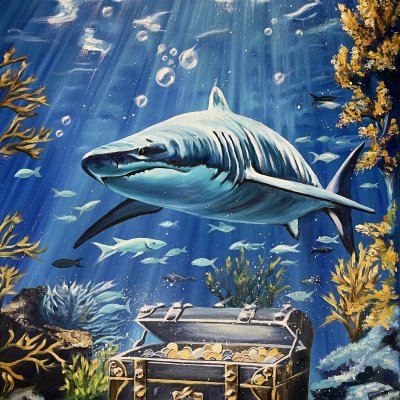 Oil painting on canvas Shark in the depths of the ocean shark