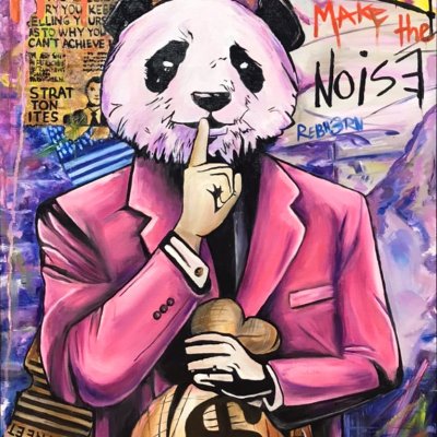 Picture Panda with money in crimson jacket