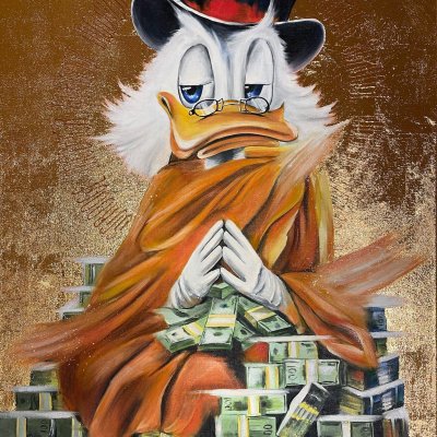 Scrooge McDuck painting Buddha on money