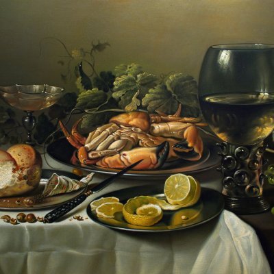 A copy of Peter Claes's painting “Still Life with Sea Crab, Roemer and Grapes”