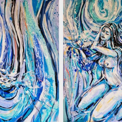 The girl at the waterfall, diptych