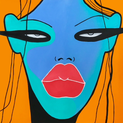 A girl with a blue face and orange hair