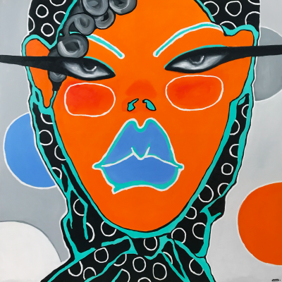 A girl with an orange face in a headscarf in a circle