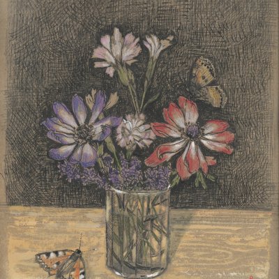 Still life with anemones and butterflies