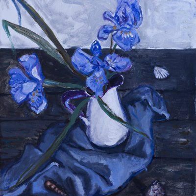 Blue irises in a white jug