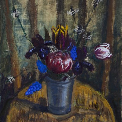 Tulips and irises on the chair