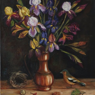 A bouquet of irises and poultry