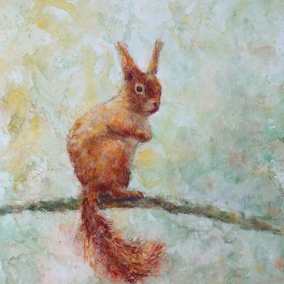 SQUIRREL. Dry pastel, watercolor on paper, orange painting, green interior, animal, forest, rustic.