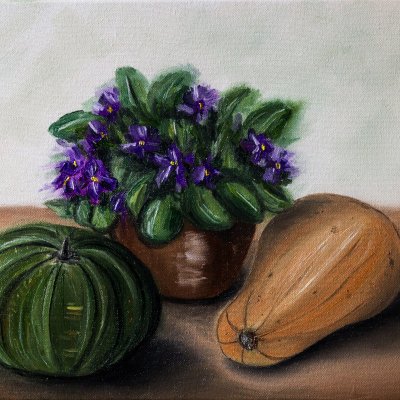 Still life with violets and pumpkins
