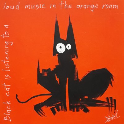Black cat is listening to a loud music in the orange room