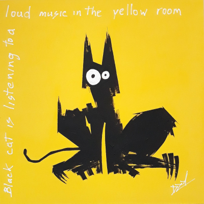 Black Cat Listens to Loud Music in Yellow Room