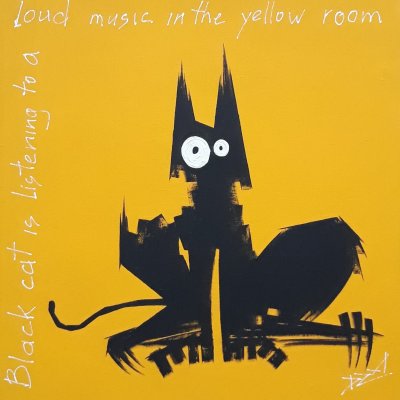 Black cat listening to loud music in the yellow room.