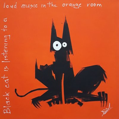 A black cat listens to loud music in the orange room.