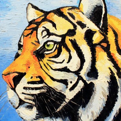 “Painting with Tiger” oil on canvas on the frame (Impasto, Painting with Smears, Animalistics, Animals, Orange))