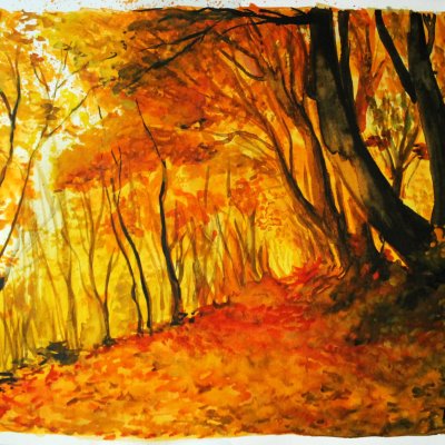 Картина Осень - авторская работа акварелью (Осень, Парк, Листья, Деревья, Акварель, Оранжевая картина)