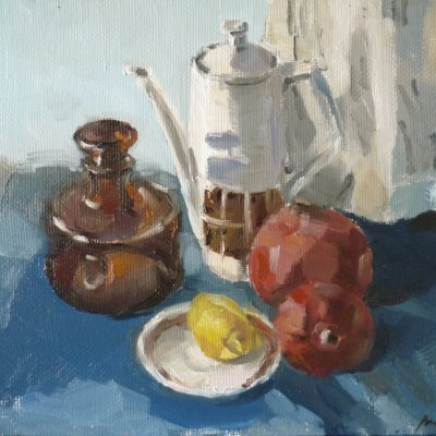 Still life with pomegranates in blue-blue colors №2