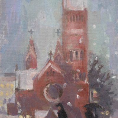 Red church in Minsk in winter. Evening